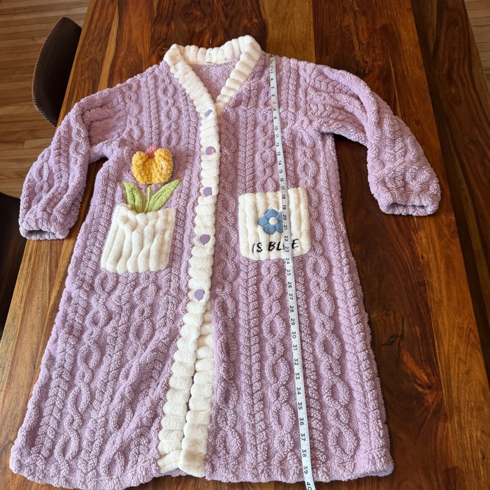 Seans Purple‎ Cable Knit Fleece Robe Flower Applique Button Front Housecoat Sz 2 - Picture 6 of 8